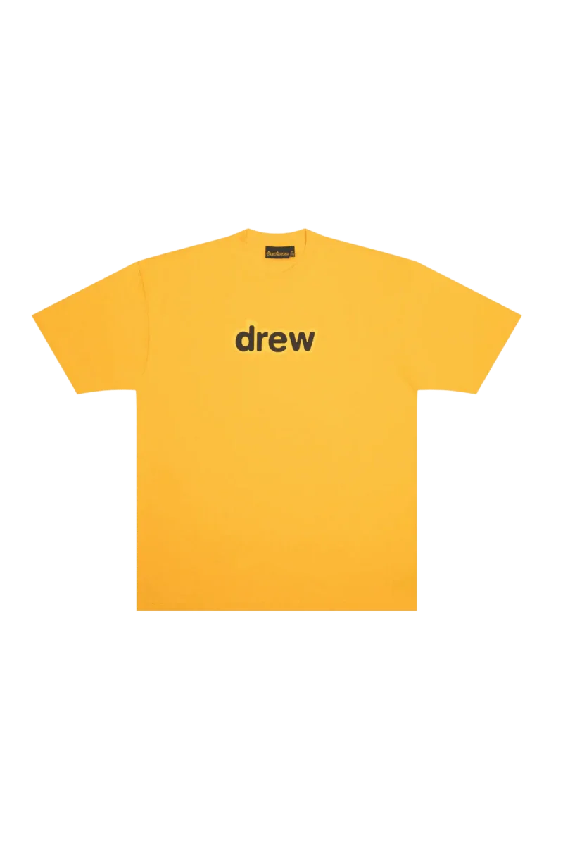 Drew House Secret SS Tee in vibrant yellow with 'drew' logo for casual style enthusiasts