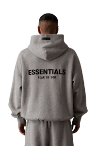SS22 Flocked Logo Hoodie in grey featuring Essentials and Fear of God branding on the back