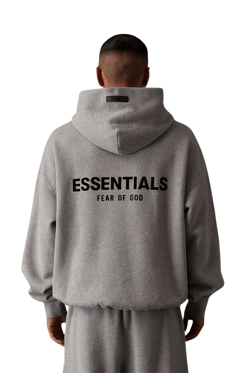 SS22 Flocked Logo Hoodie in grey featuring Essentials and Fear of God branding on the back