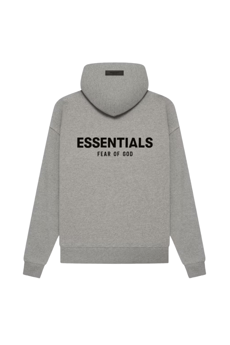 Gray SS22 Flocked Logo Hoodie from ShaLaoBan with Essentials Fear of God print on the back