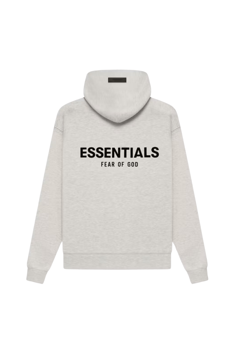 ShaLaoBan SS22 Flocked Logo Hoodie in light grey with Essentials Fear of God branding on the back