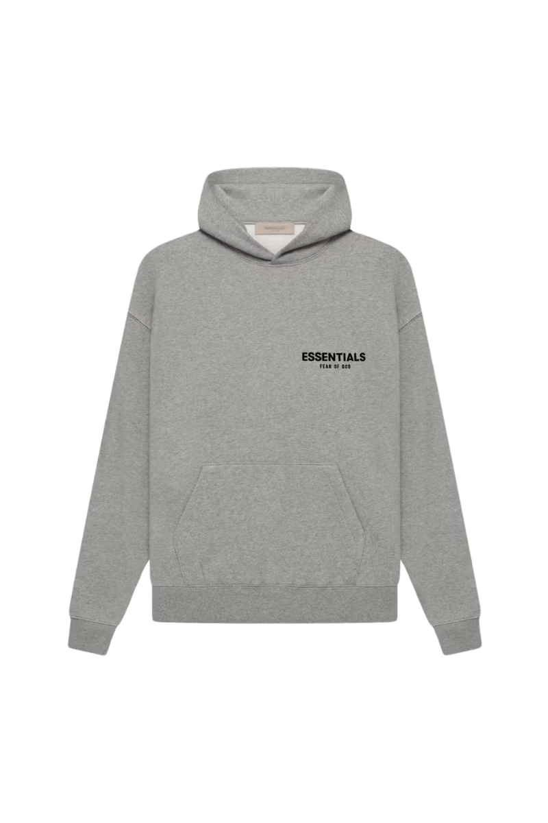 SS22 Flocked Logo Hoodie in Gray with Essentials print and front pocket