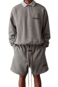 ShaLaoBan SS22 Flocked Logo Shorts in grey fabric with a relaxed fit and adjustable waistband