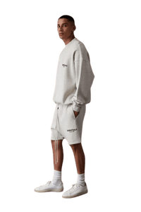 Men's ShaLaoBan SS22 Flocked Logo Shorts in gray paired with a matching sweatshirt