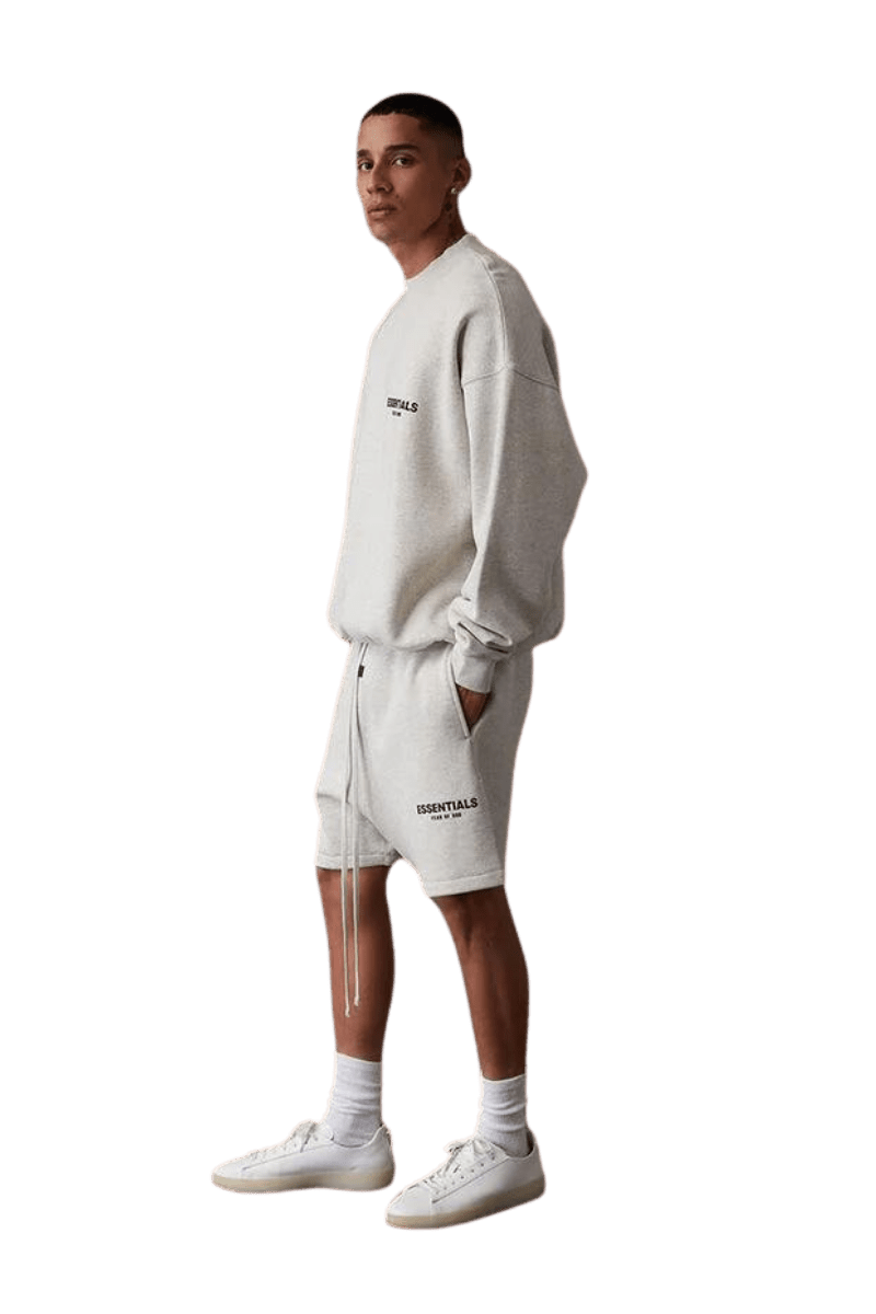 Men's ShaLaoBan SS22 Flocked Logo Shorts in gray paired with a matching sweatshirt