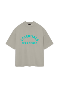 Fear Of God Essentials SS24 Heavy Jersey Arch Logo Tee in light gray with bold turquoise lettering