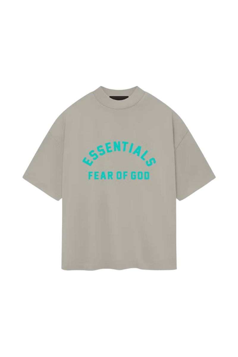 Fear Of God Essentials SS24 Heavy Jersey Arch Logo Tee in light gray with bold turquoise lettering