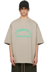 Fear Of God Essentials SS24 Heavy Jersey Arch Logo Tee in Beige with bold turquoise logo print