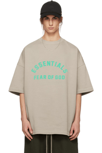Fear Of God Essentials SS24 Heavy Jersey Arch Logo Tee in Beige with bold turquoise logo print