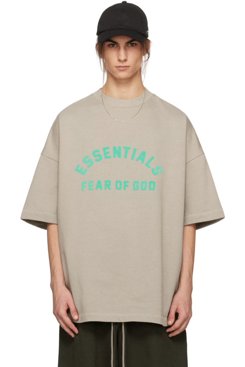 Fear Of God Essentials SS24 Heavy Jersey Arch Logo Tee in Beige with bold turquoise logo print