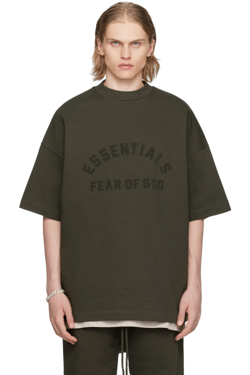 SS24 Heavy Jersey Arch Logo Tee from Fear Of God Essentials in olive green with oversized fit