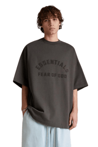 Fear Of God Essentials SS24 Heavy Jersey Arch Logo Tee in dark gray, featuring oversized fit and bold logo