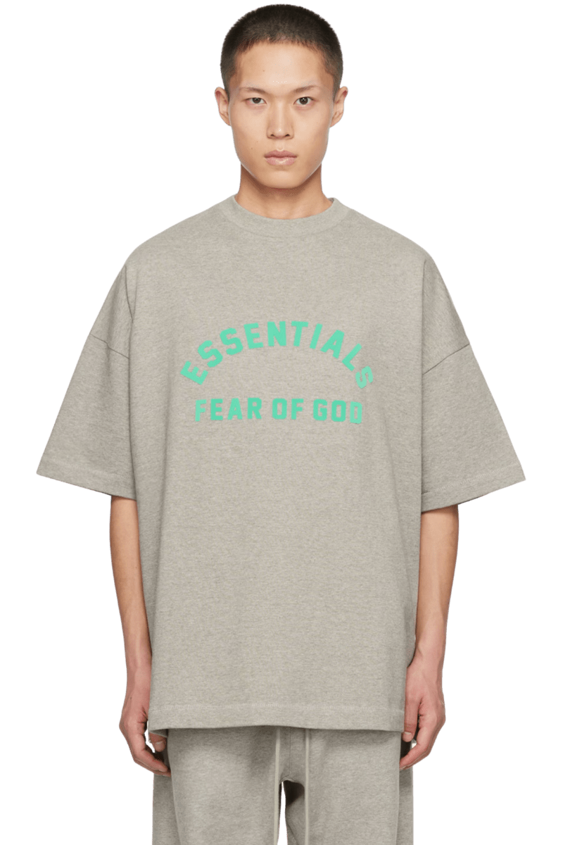 Fear Of God Essentials SS24 Heavy Jersey Arch Logo Tee in gray with bold green lettering