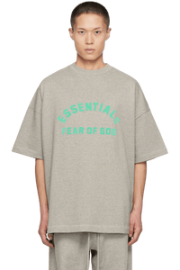 Fear Of God Essentials SS24 Heavy Jersey Arch Logo Tee in gray with bold green lettering