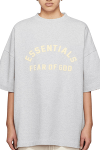 Fear Of God Essentials SS24 Heavy Jersey Arch Logo Tee in light gray with oversized fit and bold logo