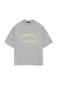 Fear Of God Essentials SS24 Heavy Jersey Arch Logo Tee in grey with bold yellow lettering