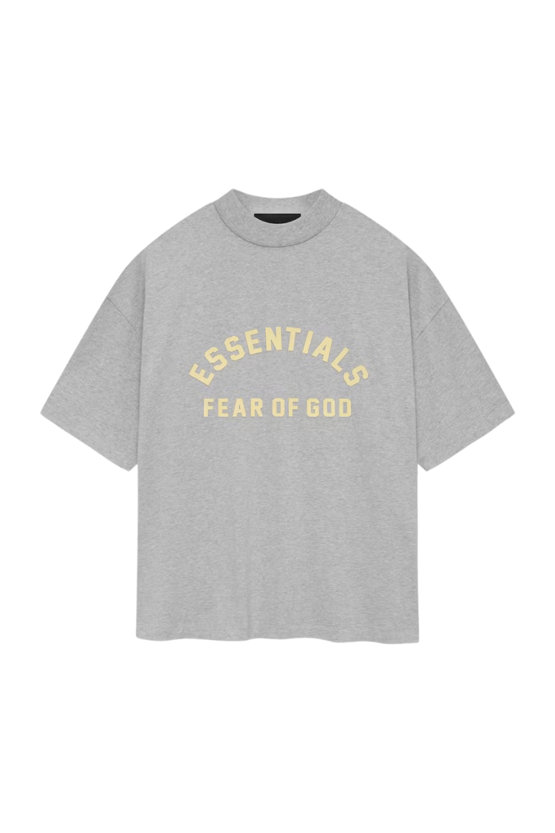 Fear Of God Essentials SS24 Heavy Jersey Arch Logo Tee in grey with bold yellow lettering