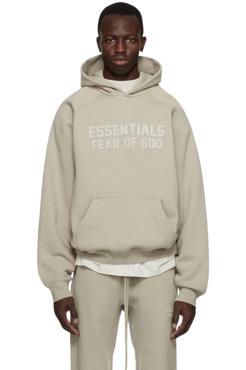 SS23 Rubber Embossed Hoodie by ShaLaoBan in light beige with front logo for casual wear