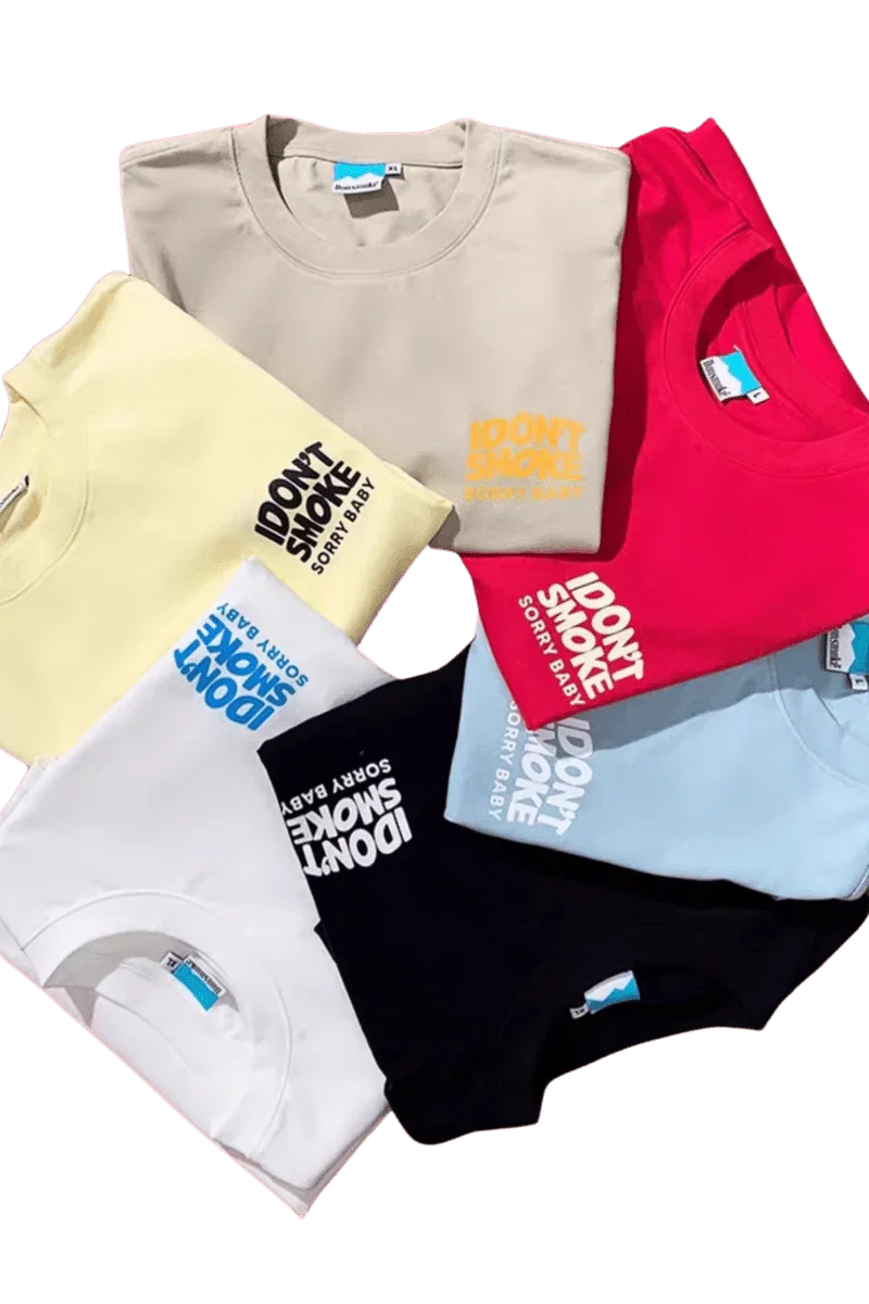 IDontSmoke Basic Small Logo Tee collection in various colors including beige, red, yellow, white, black, and light blue