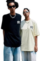 Two models wearing IDontSmoke Basic Small Logo Tee in black and cream with casual denim jeans