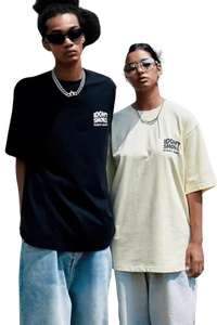 Two models wearing IDontSmoke Basic Small Logo Tee in black and cream with casual denim jeans