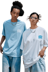 Two models wearing IDontSmoke Basic Small Logo Tee in light blue and white with casual denim jeans