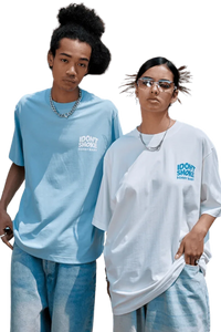 Two models wearing IDontSmoke Basic Small Logo Tee in light blue and white with casual denim jeans