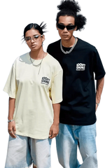 Two models wearing IDontSmoke Basic Small Logo Tee in black and cream with casual blue jeans