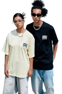 Two models wearing IDontSmoke Basic Small Logo Tee in black and cream with casual blue jeans