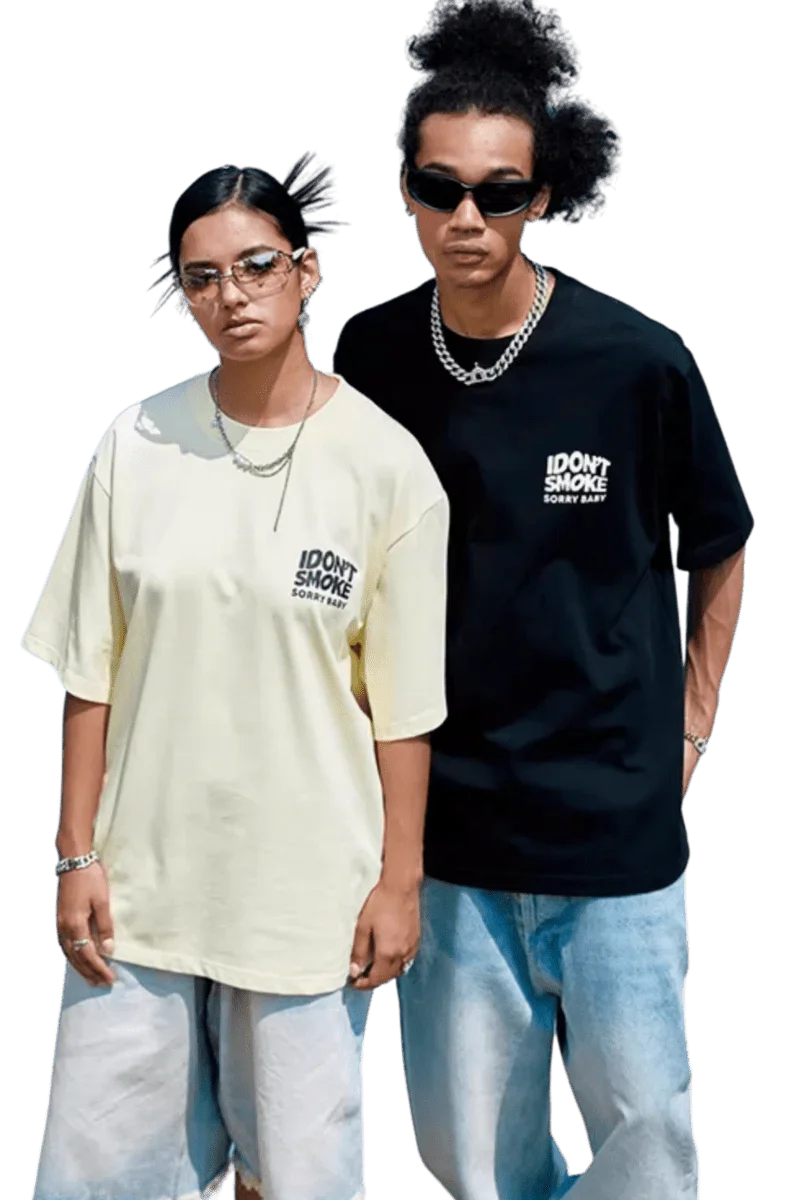 Two models wearing IDontSmoke Basic Small Logo Tee in black and cream with casual blue jeans