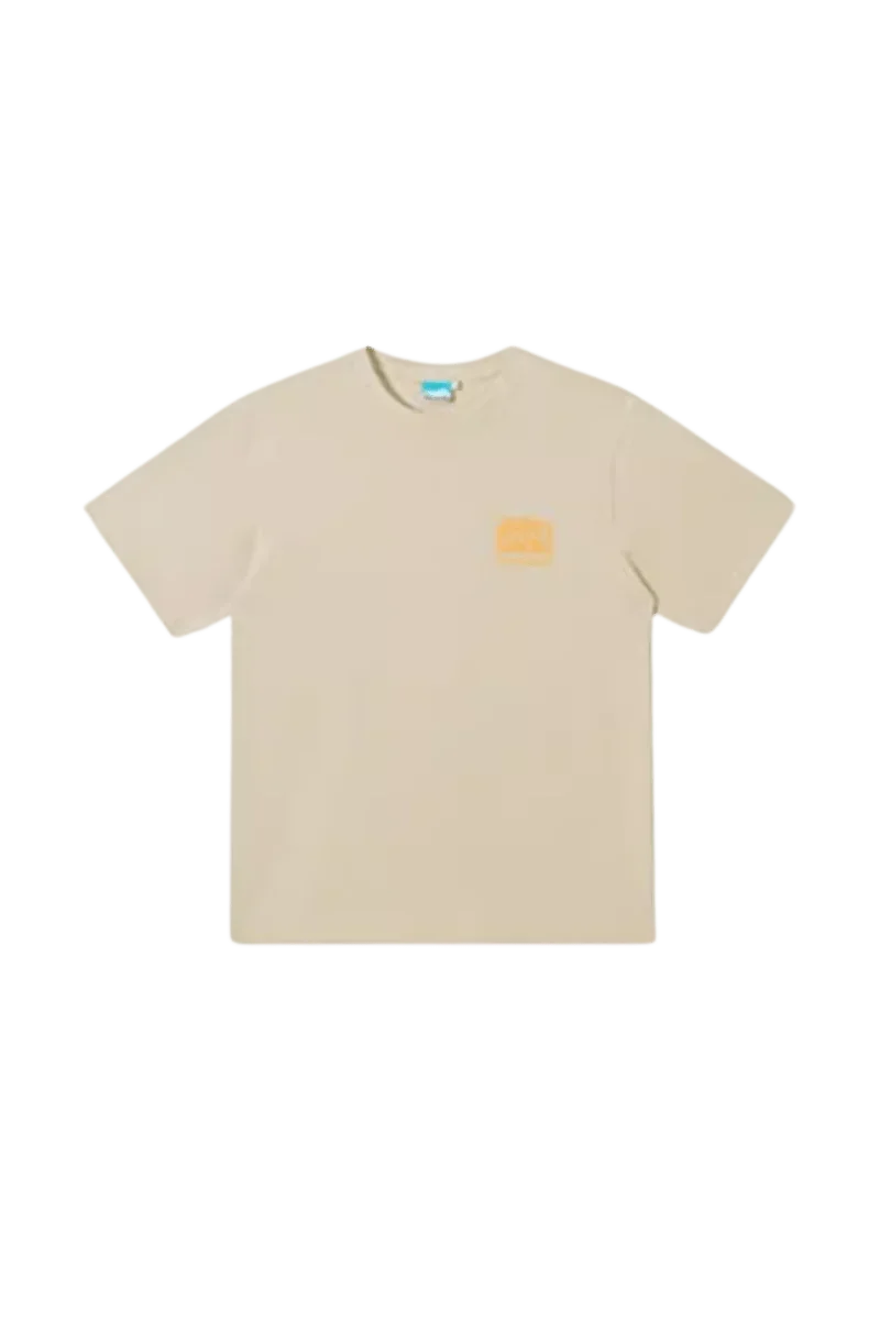 IDontSmoke Basic Small Logo Tee in beige with short sleeves and a small orange logo on the chest
