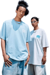 Two models wearing IDontSmoke Basic Small Logo Tee in light blue and white oversized designs