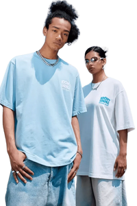 Two models wearing IDontSmoke Basic Small Logo Tee in light blue and white oversized designs