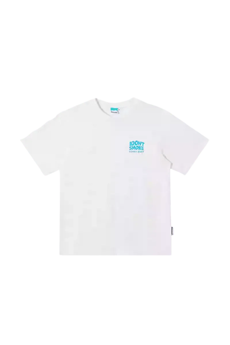 White IDontSmoke Basic Small Logo Tee with blue chest logo and short sleeves
