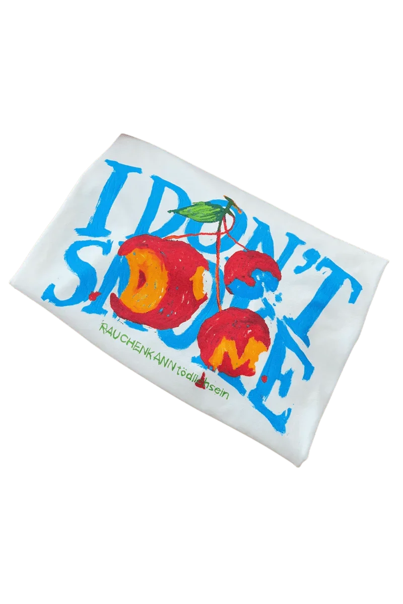IDontSmoke Painted Apple Tee Sorona Material white t-shirt with colorful apple and blue text design