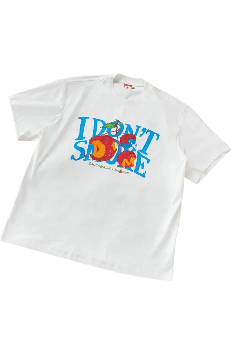 White IDontSmoke Painted Apple Tee Sorona Material with blue text and vibrant apple graphic