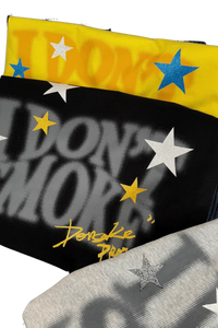 IDontSmoke Sorona t-shirt collection in yellow black and gray with star patterns and bold logo print