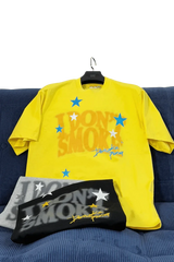 IDontSmoke Sorona t-shirt collection featuring vibrant yellow, black, and gray shirts with star designs