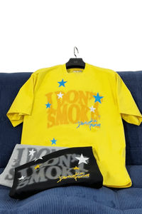 IDontSmoke Sorona t-shirt collection featuring vibrant yellow, black, and gray shirts with star designs