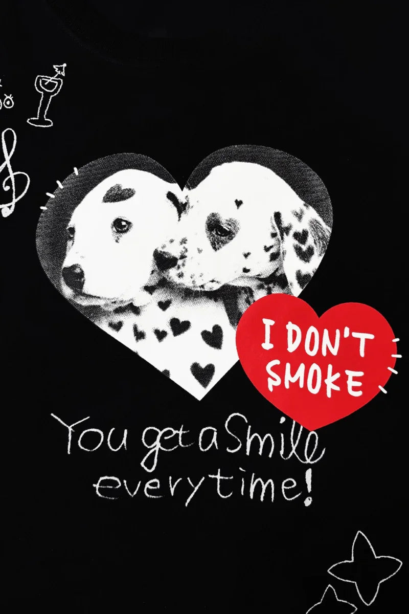 IDontSmoke Sorona t-shirt with black and white puppies inside a heart and red I Don’t Smoke heart graphic