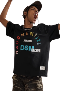 IDontSmoke SS25 Arch Logo Rhinestone Tee black graphic t-shirt worn by excited man with camo pants
