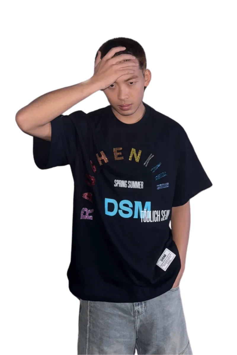 IDontSmoke SS25 Arch Logo Rhinestone Tee in black with colorful printed text and casual fit