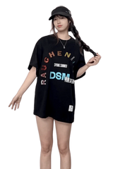 Young woman wearing black IDontSmoke SS25 Arch Logo Rhinestone Tee with colorful lettering and casual fit