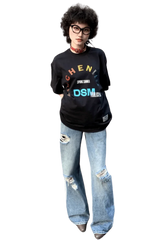 IDontSmoke SS25 Arch Logo Rhinestone Tee black short sleeve shirt with colorful print worn with ripped jeans