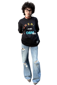 IDontSmoke SS25 Arch Logo Rhinestone Tee black short sleeve shirt with colorful print worn with ripped jeans