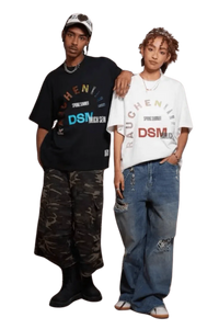 Two models wearing IDontSmoke SS25 Arch Logo Rhinestone Tee in black and white styled with casual pants