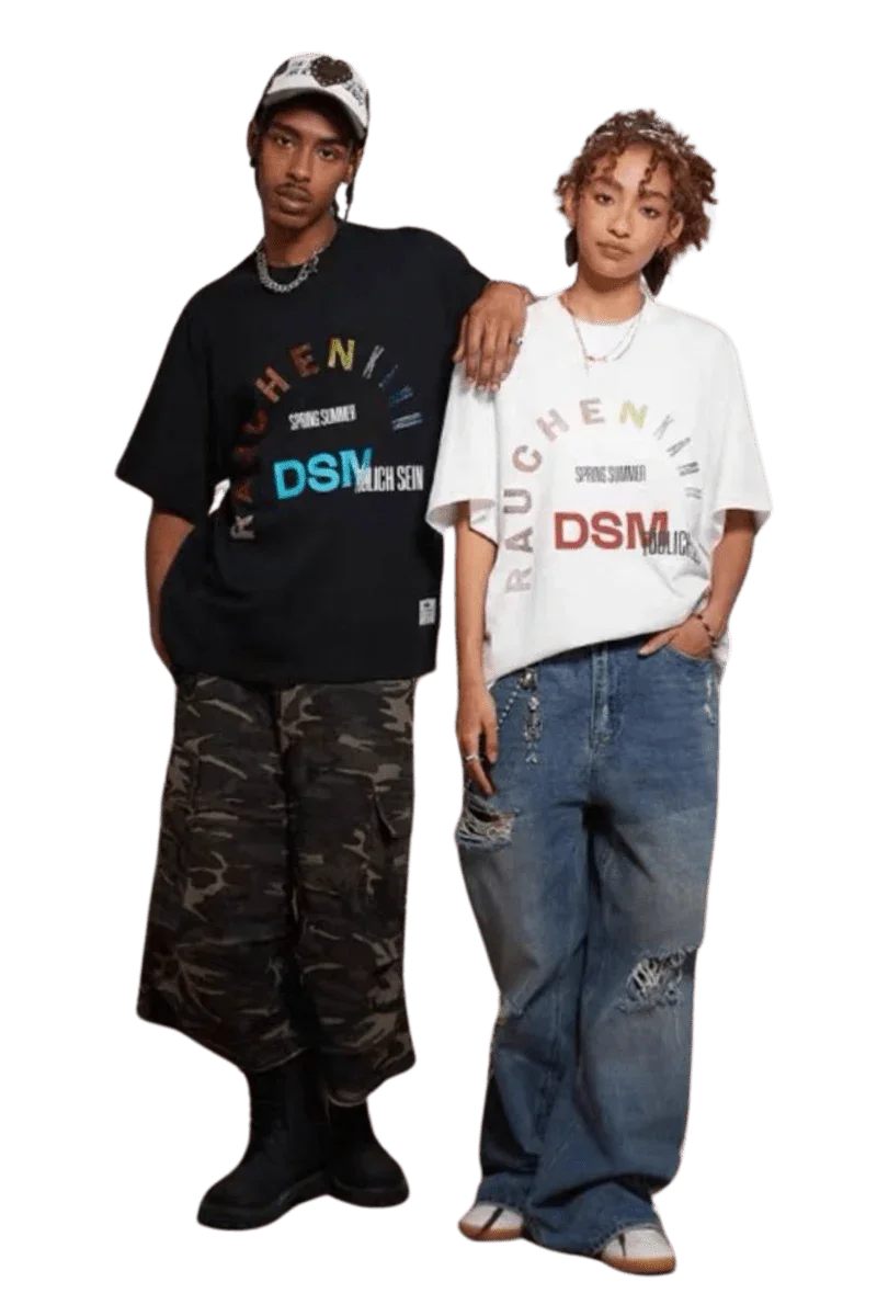 Two models wearing IDontSmoke SS25 Arch Logo Rhinestone Tee in black and white styled with casual pants