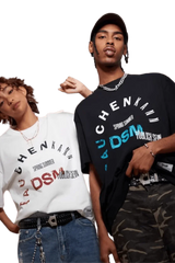 IDontSmoke SS25 Arch Logo Rhinestone Tee in black and white worn by male and female models