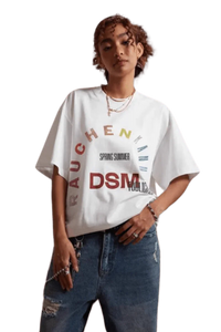 IDontSmoke SS25 Arch Logo Rhinestone Tee white oversized shirt with colorful arch print worn with blue jeans