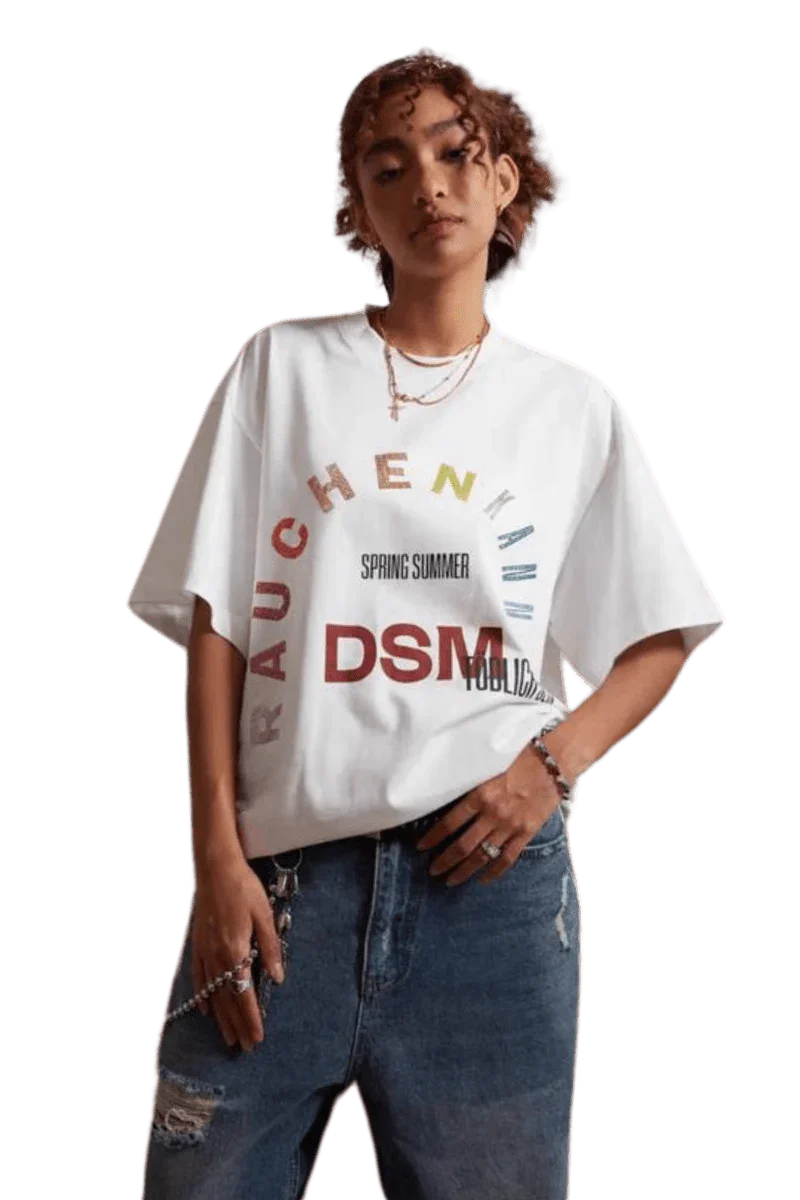 IDontSmoke SS25 Arch Logo Rhinestone Tee white oversized shirt with colorful arch print worn with blue jeans